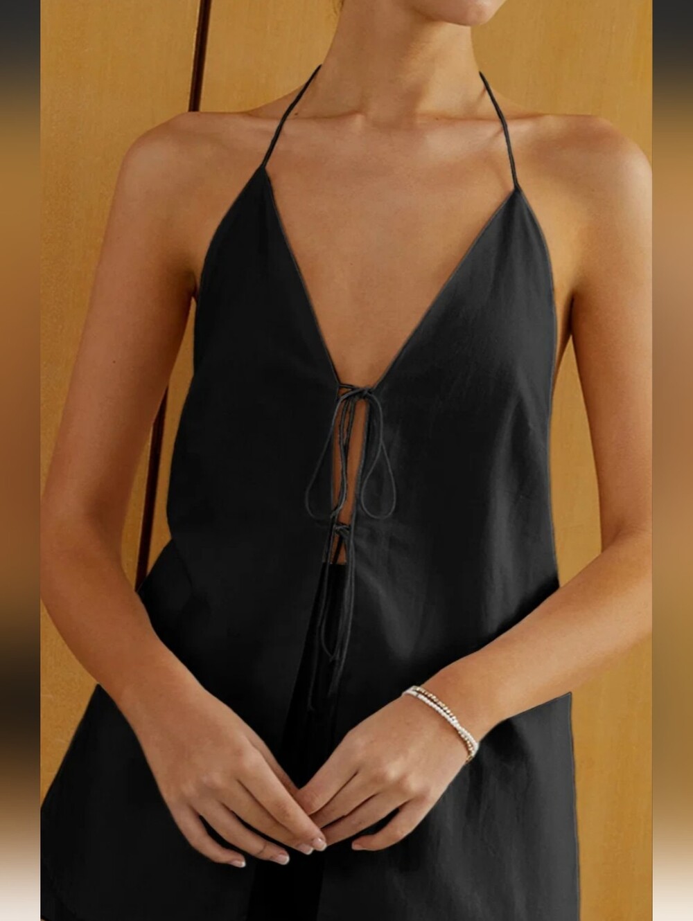 NWT Commense Cotton Linen Black Lace-Up Backless Halter Top Size Medium